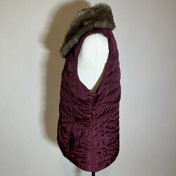 Exertek Maroon Faux Fur Trim Puffer Vest Full Zip Lightweight Womens Size Large - Picture 5 of 12